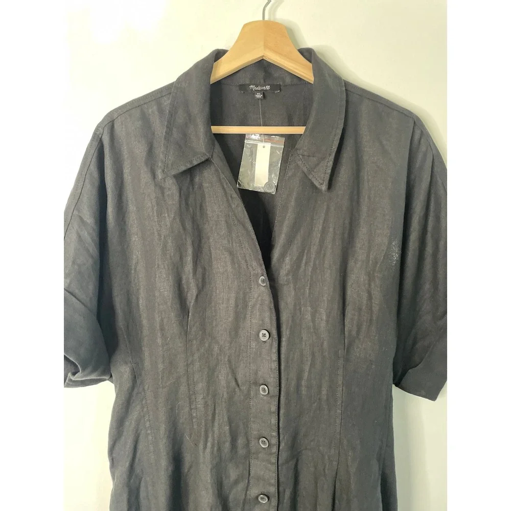 NWT Madewell Pleated Midi Shirtdress 100% Linen Black Button Front XL NU580